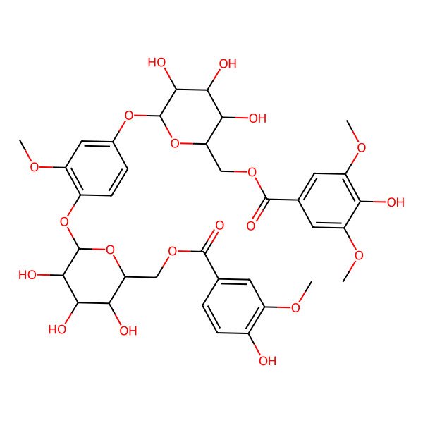 2D Structure of [(2R,3S,4S,5R,6S)-3,4,5-trihydroxy-6-[3-methoxy-4-[(2S,3R,4S,5S,6R)-3,4,5-trihydroxy-6-[(4-hydroxy-3-methoxybenzoyl)oxymethyl]oxan-2-yl]oxyphenoxy]oxan-2-yl]methyl 4-hydroxy-3,5-dimethoxybenzoate