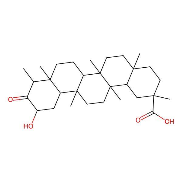 2D Structure of (2R,4aS,6aS,6aR,6bS,8aS,9R,11S,12aS,14aS,14bR)-11-hydroxy-2,4a,6a,6a,8a,9,14a-heptamethyl-10-oxo-3,4,5,6,6b,7,8,9,11,12,12a,13,14,14b-tetradecahydro-1H-picene-2-carboxylic acid