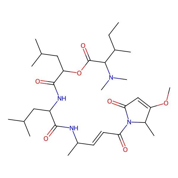 2D Structure of [1-[[1-[[5-(3-methoxy-2-methyl-5-oxo-2H-pyrrol-1-yl)-5-oxopent-3-en-2-yl]amino]-4-methyl-1-oxopentan-2-yl]amino]-4-methyl-1-oxopentan-2-yl] 2-(dimethylamino)-3-methylpentanoate