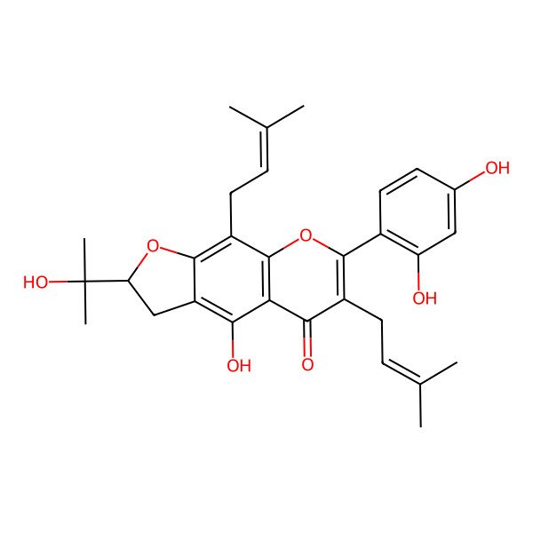 2D Structure of 7-(2,4-Dihydroxyphenyl)-4-hydroxy-2-(2-hydroxypropan-2-yl)-6,9-bis(3-methylbut-2-enyl)-2,3-dihydrofuro[3,2-g]chromen-5-one