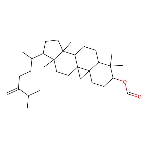 2D Structure of [(1S,3R,6S,8S,11S,12S,15R,16R)-7,7,12,16-tetramethyl-15-[(2R)-6-methyl-5-methylideneheptan-2-yl]-6-pentacyclo[9.7.0.01,3.03,8.012,16]octadecanyl] formate