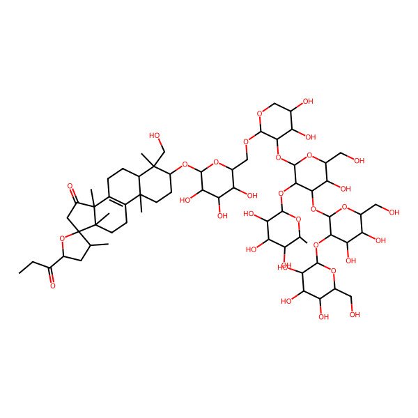 2D Structure of 3-[6-[[3-[4-[4,5-dihydroxy-6-(hydroxymethyl)-3-[3,4,5-trihydroxy-6-(hydroxymethyl)oxan-2-yl]oxyoxan-2-yl]oxy-5-hydroxy-6-(hydroxymethyl)-3-(3,4,5-trihydroxy-6-methyloxan-2-yl)oxyoxan-2-yl]oxy-4,5-dihydroxyoxan-2-yl]oxymethyl]-3,4,5-trihydroxyoxan-2-yl]oxy-4-(hydroxymethyl)-3',4,10,13,14-pentamethyl-5'-propanoylspiro[2,3,5,6,7,11,12,16-octahydro-1H-cyclopenta[a]phenanthrene-17,2'-oxolane]-15-one