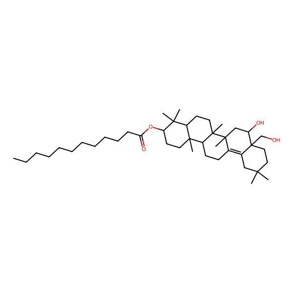 2D Structure of [(3S,4aR,6aR,6bS,8S,8aS,14aR,14bR)-8-hydroxy-8a-(hydroxymethyl)-4,4,6a,6b,11,11,14b-heptamethyl-1,2,3,4a,5,6,7,8,9,10,12,13,14,14a-tetradecahydropicen-3-yl] dodecanoate