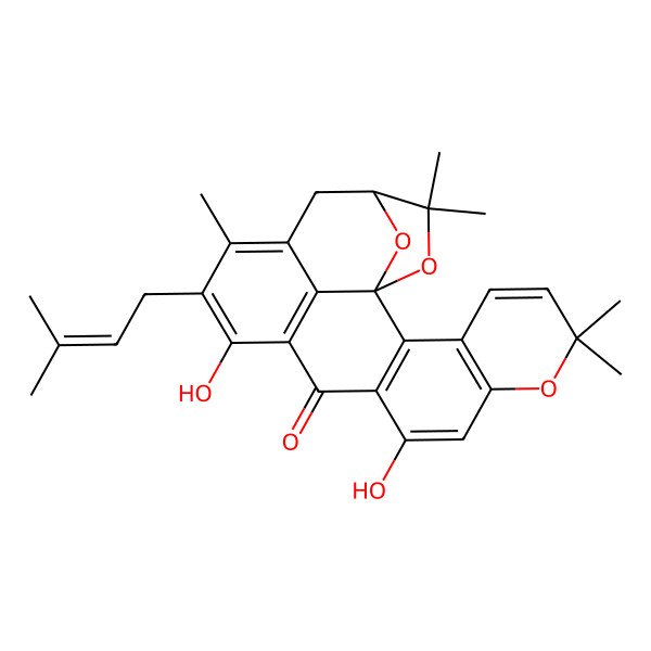 2D Structure of 10,14-Dihydroxy-6,6,16,20,20-pentamethyl-15-(3-methylbut-2-enyl)-7,21,23-trioxahexacyclo[11.8.1.11,19.02,11.03,8.017,22]tricosa-2(11),3(8),4,9,13(22),14,16-heptaen-12-one