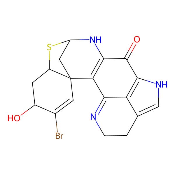 2D Structure of (1S,14S,16R,18S)-19-bromo-18-hydroxy-15-thia-4,9,13-triazahexacyclo[12.6.1.13,7.01,16.02,12.010,22]docosa-2(12),3,7,10(22),19-pentaen-11-one