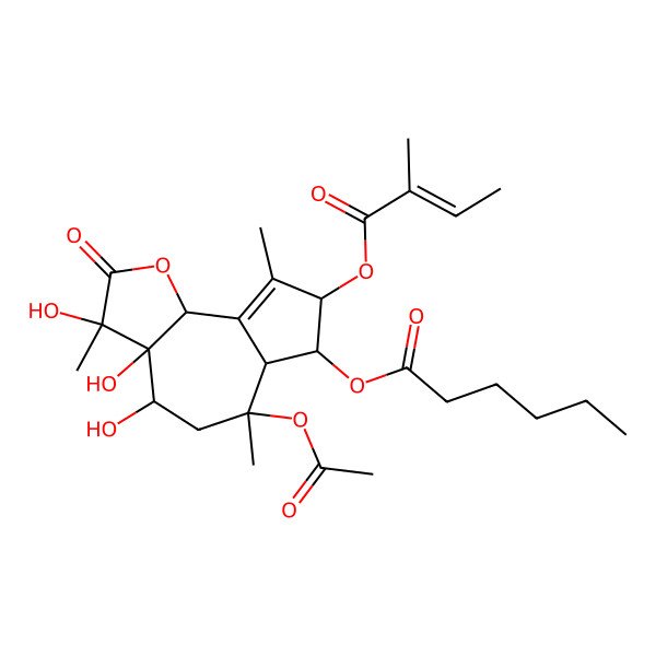 2D Structure of [(3S,3aR,4R,6R,6aS,7R,8R,9bS)-6-acetyloxy-3,3a,4-trihydroxy-3,6,9-trimethyl-8-[(Z)-2-methylbut-2-enoyl]oxy-2-oxo-4,5,6a,7,8,9b-hexahydroazuleno[4,5-b]furan-7-yl] hexanoate