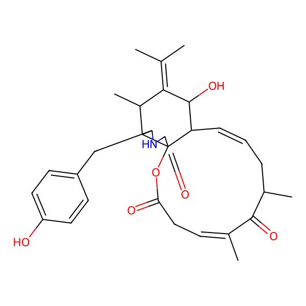 2D Structure of 13-Hydroxy-17-[(4-hydroxyphenyl)methyl]-6,8,15-trimethyl-14-propan-2-ylidene-2-oxa-18-azatricyclo[10.7.0.01,16]nonadeca-5,10-diene-3,7,19-trione