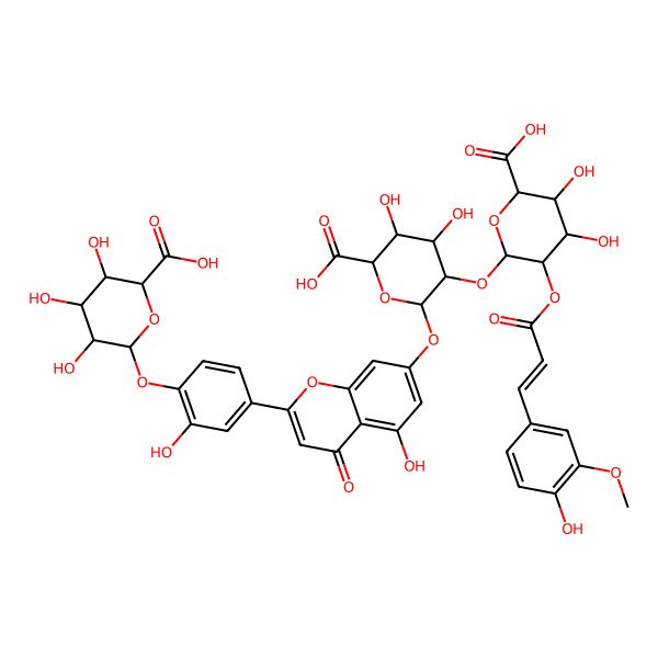 2D Structure of (2S,3S,4R,5R,6S)-6-[4-[7-[(2S,3R,4S,5S,6S)-6-carboxy-3-[(2R,3R,4S,5S,6R)-6-carboxy-4,5-dihydroxy-3-[(E)-3-(4-hydroxy-3-methoxyphenyl)prop-2-enoyl]oxyoxan-2-yl]oxy-4,5-dihydroxyoxan-2-yl]oxy-5-hydroxy-4-oxochromen-2-yl]-2-hydroxyphenoxy]-3,4,5-trihydroxyoxane-2-carboxylic acid