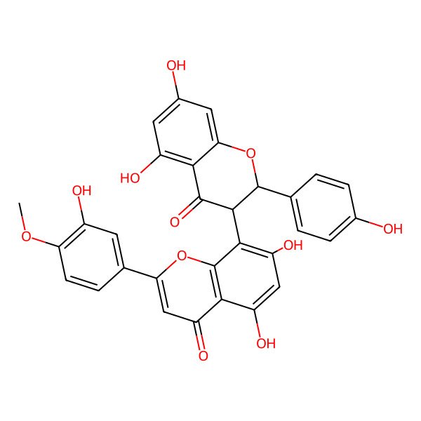 2D Structure of 8-[(2R,3S)-5,7-dihydroxy-2-(4-hydroxyphenyl)-4-oxo-2,3-dihydrochromen-3-yl]-5,7-dihydroxy-2-(3-hydroxy-4-methoxyphenyl)chromen-4-one