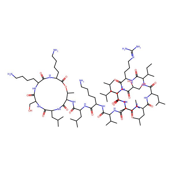 2D Structure of 6-amino-N-[1-[[3,6-bis(4-aminobutyl)-9-(hydroxymethyl)-16-methyl-12-(2-methylpropyl)-2,5,8,11,14-pentaoxo-1-oxa-4,7,10,13-tetrazacyclohexadec-15-yl]amino]-4-methyl-1-oxopentan-2-yl]-2-[[2-[[2-[[2-[[5-(diaminomethylideneamino)-2-[[2-[[2-[[2-[2-[[2-(2,3-dihydroxypropanoylamino)-4-methylpentanoyl]amino]propanoylamino]-4-methylpentanoyl]amino]-4-methylpentanoyl]amino]-3-methylpentanoyl]amino]pentanoyl]amino]-4-methylpentanoyl]amino]-4-methylpentanoyl]amino]-3-methylbutanoyl]amino]hexanamide