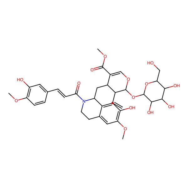 2D Structure of methyl (2S,3R,4S)-3-ethenyl-4-[[(1R)-7-hydroxy-2-[(Z)-3-(3-hydroxy-4-methoxyphenyl)prop-2-enoyl]-6-methoxy-3,4-dihydro-1H-isoquinolin-1-yl]methyl]-2-[(2S,3R,4S,5S,6R)-3,4,5-trihydroxy-6-(hydroxymethyl)oxan-2-yl]oxy-3,4-dihydro-2H-pyran-5-carboxylate