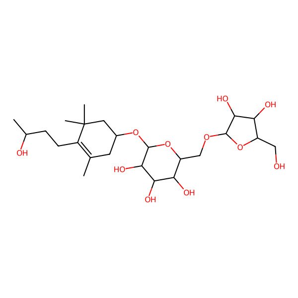 2D Structure of (2R,3S,4S,5R,6R)-2-[[(2R,3R,4R,5S)-3,4-dihydroxy-5-(hydroxymethyl)oxolan-2-yl]oxymethyl]-6-[(1R)-4-[(3S)-3-hydroxybutyl]-3,5,5-trimethylcyclohex-3-en-1-yl]oxyoxane-3,4,5-triol
