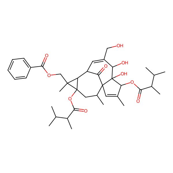 2D Structure of [(1S,4S,5S,6R,9S,10R,11R,12S,14R)-4,12-bis[[(2R)-2,3-dimethylbutanoyl]oxy]-5,6-dihydroxy-7-(hydroxymethyl)-3,11,14-trimethyl-15-oxo-11-tetracyclo[7.5.1.01,5.010,12]pentadeca-2,7-dienyl]methyl benzoate
