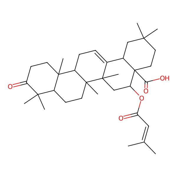 2D Structure of (4aR,5S,6aR,6aS,6bR,8aR,12aR,14bS)-2,2,6a,6b,9,9,12a-heptamethyl-5-(3-methylbut-2-enoyloxy)-10-oxo-3,4,5,6,6a,7,8,8a,11,12,13,14b-dodecahydro-1H-picene-4a-carboxylic acid