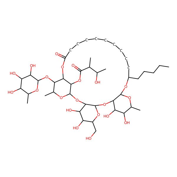 2D Structure of [4,5,11,12-Tetrahydroxy-6-(hydroxymethyl)-13,31-dimethyl-27-oxo-17-pentyl-30-(3,4,5-trihydroxy-6-methyloxan-2-yl)oxy-2,7,9,14,16,28,32-heptaoxatetracyclo[27.3.1.03,8.010,15]tritriacontan-33-yl] 3-hydroxy-2-methylbutanoate