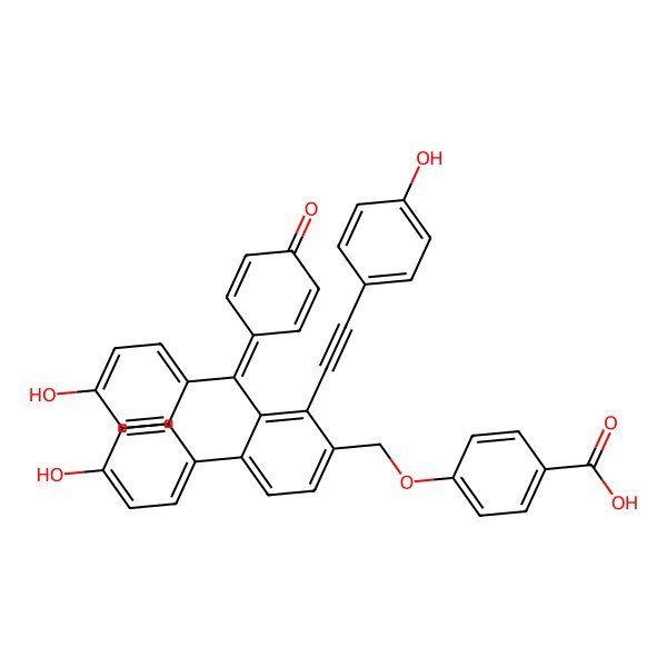 2D Structure of 4-[[4-(4-Hydroxyphenyl)-2-[2-(4-hydroxyphenyl)ethynyl]-3-[(4-hydroxyphenyl)-(4-oxocyclohexa-2,5-dien-1-ylidene)methyl]phenyl]methoxy]benzoic acid