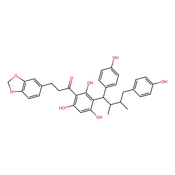 2D Structure of 3-(1,3-Benzodioxol-5-yl)-1-[3-[1,4-bis(4-hydroxyphenyl)-2,3-dimethylbutyl]-2,4,6-trihydroxyphenyl]propan-1-one