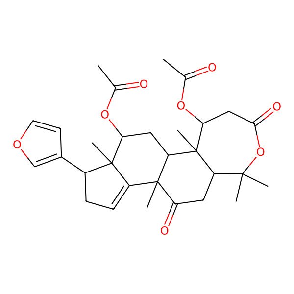 2D Structure of [(1R,2R,3S,8R,11R,15S,16S,17S)-3-acetyloxy-15-(furan-3-yl)-2,7,7,11,16-pentamethyl-5,10-dioxo-6-oxatetracyclo[9.7.0.02,8.012,16]octadec-12-en-17-yl] acetate