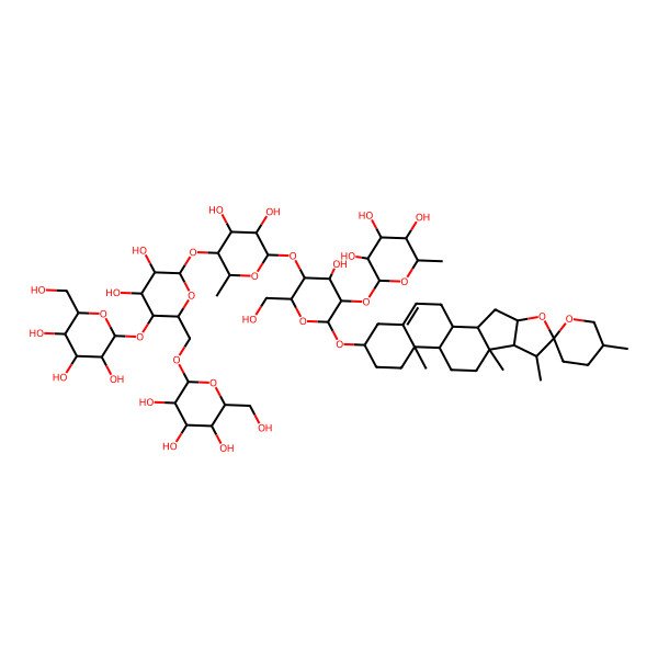 2D Structure of Diosgenin 3-[glucosyl-(1->4)-[glucopyranosyl-(1->6)]-glucopyranosyl-(1->4)-rhamnosyl-(1->4)-[rhamnosyl-(1->2)]-glucoside]