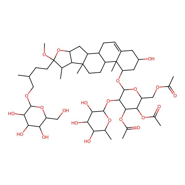 2D Structure of [(2R,3S,4S,5R,6R)-3,4-diacetyloxy-6-[[(1R,2R,4S,6R,7S,8R,9S,12S,13R,14R,16R)-16-hydroxy-6-methoxy-7,9,13-trimethyl-6-[(3R)-3-methyl-4-[(2R,3R,4S,5S,6R)-3,4,5-trihydroxy-6-(hydroxymethyl)oxan-2-yl]oxybutyl]-5-oxapentacyclo[10.8.0.02,9.04,8.013,18]icos-18-en-14-yl]oxy]-5-[(2S,3R,4R,5R,6S)-3,4,5-trihydroxy-6-methyloxan-2-yl]oxyoxan-2-yl]methyl acetate