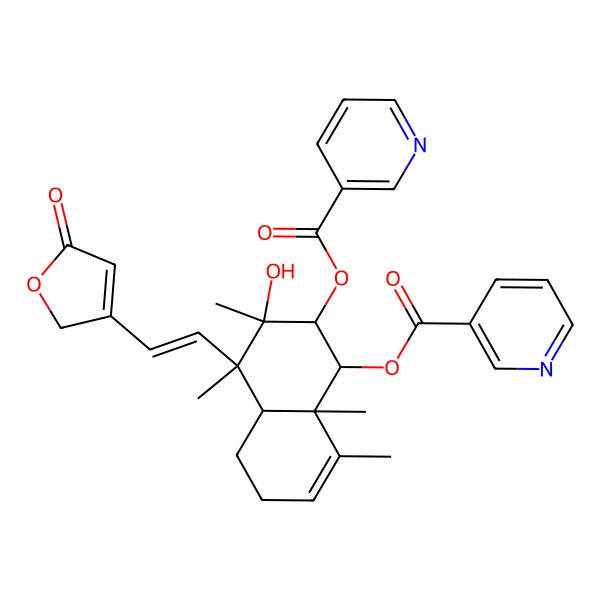 2D Structure of [3-hydroxy-3,4,8,8a-tetramethyl-4-[2-(5-oxo-2H-furan-3-yl)ethenyl]-2-(pyridine-3-carbonyloxy)-2,4a,5,6-tetrahydro-1H-naphthalen-1-yl] pyridine-3-carboxylate