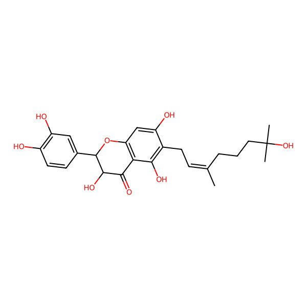 2D Structure of (2R,3R)-2-(3,4-dihydroxyphenyl)-3,5,7-trihydroxy-6-[(E)-7-hydroxy-3,7-dimethyloct-2-enyl]-2,3-dihydrochromen-4-one