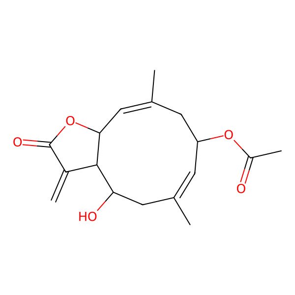 2D Structure of [(3aS,4S,6E,8R,10Z,11aR)-4-hydroxy-6,10-dimethyl-3-methylidene-2-oxo-3a,4,5,8,9,11a-hexahydrocyclodeca[b]furan-8-yl] acetate