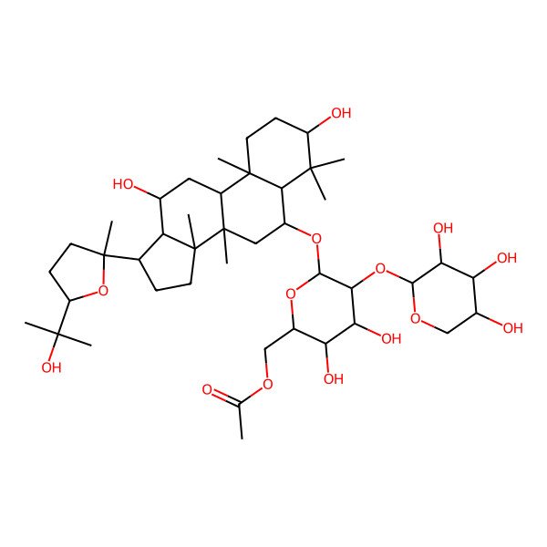 2D Structure of [(2R,3S,4R,5S,6S)-6-[[(3S,5R,6S,8S,9S,10S,12R,13R,14S,17S)-3,12-dihydroxy-17-[(2S,5R)-5-(2-hydroxypropan-2-yl)-2-methyloxolan-2-yl]-4,4,8,10,14-pentamethyl-2,3,5,6,7,9,11,12,13,15,16,17-dodecahydro-1H-cyclopenta[a]phenanthren-6-yl]oxy]-3,4-dihydroxy-5-[(2R,3S,4R,5S)-3,4,5-trihydroxyoxan-2-yl]oxyoxan-2-yl]methyl acetate