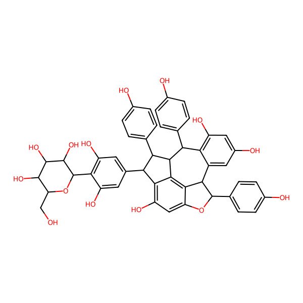 2D Structure of 3-[3,5-Dihydroxy-4-[3,4,5-trihydroxy-6-(hydroxymethyl)oxan-2-yl]phenyl]-2,9,17-tris(4-hydroxyphenyl)-8-oxapentacyclo[8.7.2.04,18.07,19.011,16]nonadeca-4(18),5,7(19),11(16),12,14-hexaene-5,13,15-triol
