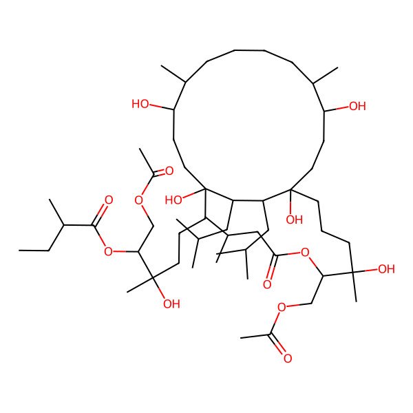2D Structure of [(2R,3S)-1-acetyloxy-6-[(1R,2S,3R,4S,7R,8R,13R,14R)-4-[(4R,5S)-6-acetyloxy-4-hydroxy-4-methyl-5-(3-methylbutanoyloxy)hexyl]-1,4,7,14-tetrahydroxy-8,13-dimethyl-2,3-bis(2-methylpropyl)cyclohexadecyl]-3-hydroxy-3-methylhexan-2-yl] (2R)-2-methylbutanoate