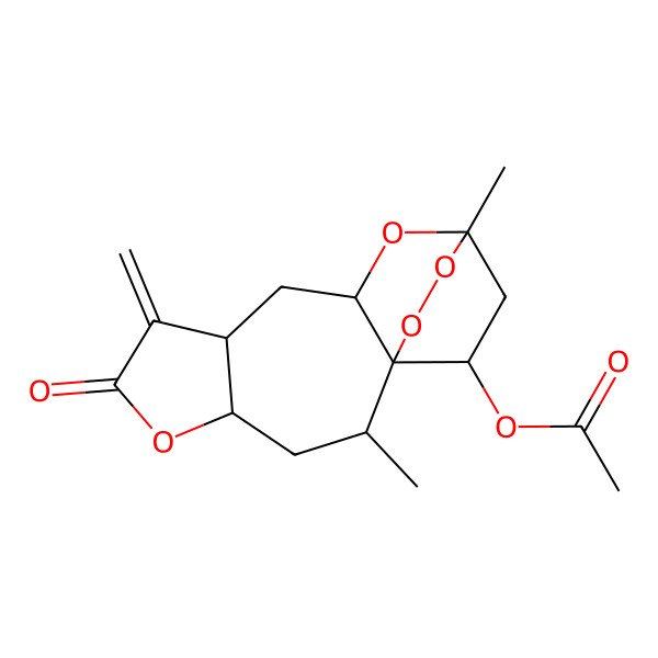 2D Structure of [(4R,8R)-2,12-dimethyl-7-methylidene-6-oxo-5,11,13,14-tetraoxatetracyclo[10.2.2.01,10.04,8]hexadecan-15-yl] acetate