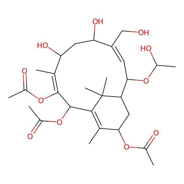 2D Structure of [(2R,3E,5R,7S,8E,10S,11R,13S)-2,3-diacetyloxy-5,7-dihydroxy-10-[(1R)-1-hydroxyethoxy]-8-(hydroxymethyl)-4,14,15,15-tetramethyl-13-bicyclo[9.3.1]pentadeca-1(14),3,8-trienyl] acetate