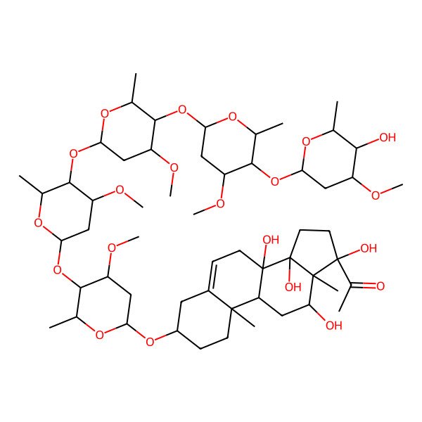 2D Structure of 1-[(3S,8S,9R,10R,12R,13S,14R,17S)-8,12,14,17-tetrahydroxy-3-[(2R,4S,5R,6R)-5-[(2S,4S,5R,6R)-5-[(2S,4R,5S,6S)-5-[(2S,4S,5R,6R)-5-[(2S,4R,5S,6S)-5-hydroxy-4-methoxy-6-methyloxan-2-yl]oxy-4-methoxy-6-methyloxan-2-yl]oxy-4-methoxy-6-methyloxan-2-yl]oxy-4-methoxy-6-methyloxan-2-yl]oxy-4-methoxy-6-methyloxan-2-yl]oxy-10,13-dimethyl-1,2,3,4,7,9,11,12,15,16-decahydrocyclopenta[a]phenanthren-17-yl]ethanone