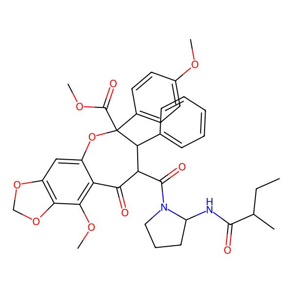 2D Structure of methyl (6R,7S,8R)-10-methoxy-6-(4-methoxyphenyl)-8-[(2S)-2-(2-methylbutanoylamino)pyrrolidine-1-carbonyl]-9-oxo-7-phenyl-7,8-dihydro-[1,3]dioxolo[4,5-h][1]benzoxepine-6-carboxylate