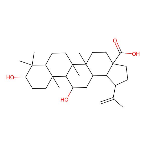 2D Structure of 9,12-Dihydroxy-5a,5b,8,8,11a-pentamethyl-1-prop-1-en-2-yl-1,2,3,4,5,6,7,7a,9,10,11,11b,12,13,13a,13b-hexadecahydrocyclopenta[a]chrysene-3a-carboxylic acid