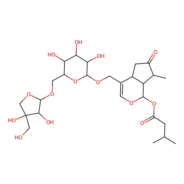 2D Structure of [(1S,4aS,7R,7aS)-4-[[(2R,3R,4S,5S,6R)-6-[[(2R,3R,4R)-3,4-dihydroxy-4-(hydroxymethyl)oxolan-2-yl]oxymethyl]-3,4,5-trihydroxyoxan-2-yl]oxymethyl]-7-methyl-6-oxo-4a,5,7,7a-tetrahydro-1H-cyclopenta[c]pyran-1-yl] 3-methylbutanoate