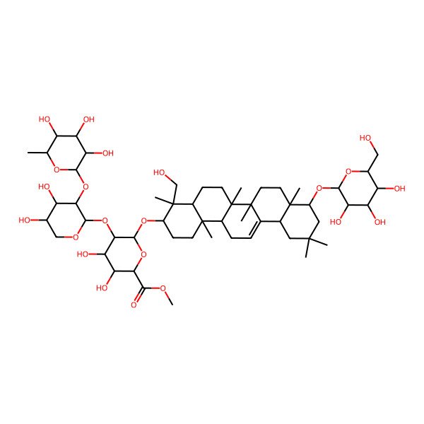 2D Structure of methyl (2S,3S,4S,5R,6R)-6-[[(3S,4S,4aR,6aR,6bS,8aR,9R,12aS,14aR,14bR)-4-(hydroxymethyl)-4,6a,6b,8a,11,11,14b-heptamethyl-9-[(2R,3R,4S,5S,6R)-3,4,5-trihydroxy-6-(hydroxymethyl)oxan-2-yl]oxy-1,2,3,4a,5,6,7,8,9,10,12,12a,14,14a-tetradecahydropicen-3-yl]oxy]-5-[(2S,3R,4S,5R)-4,5-dihydroxy-3-[(2S,3R,4R,5R,6S)-3,4,5-trihydroxy-6-methyloxan-2-yl]oxyoxan-2-yl]oxy-3,4-dihydroxyoxane-2-carboxylate