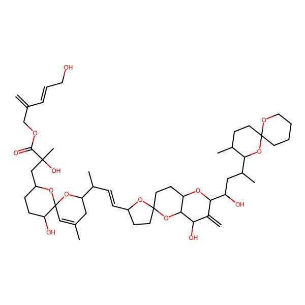 2D Structure of (5-hydroxy-2-methylidenepent-3-enyl) 2-hydroxy-3-[11-hydroxy-2-[4-[4-hydroxy-2-[1-hydroxy-3-(3-methyl-1,7-dioxaspiro[5.5]undecan-2-yl)butyl]-3-methylidenespiro[4a,7,8,8a-tetrahydro-4H-pyrano[3,2-b]pyran-6,5'-oxolane]-2'-yl]but-3-en-2-yl]-4-methyl-1,7-dioxaspiro[5.5]undec-4-en-8-yl]-2-methylpropanoate