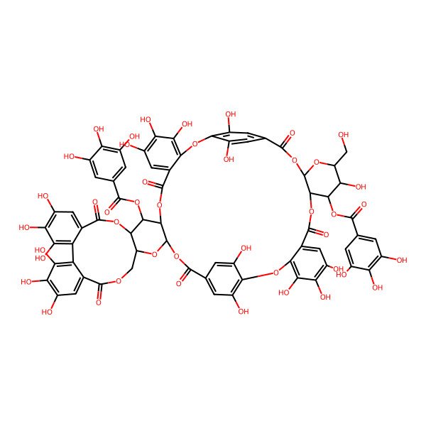 2D Structure of [(11R,12S,13R,31R,33S,49R,50S,51R,52R,54S)-4,5,6,18,19,20,23,24,25,38,42,43,44,51,59,60,62-heptadecahydroxy-52-(hydroxymethyl)-9,15,28,35,47,56-hexaoxo-12-(3,4,5-trihydroxybenzoyl)oxy-2,10,14,29,32,34,40,48,53,55-decaoxadecacyclo[55.2.2.236,39.03,8.011,33.013,31.016,21.022,27.041,46.049,54]trihexaconta-1(59),3,5,7,16,18,20,22,24,26,36,38,41,43,45,57,60,62-octadecaen-50-yl] 3,4,5-trihydroxybenzoate