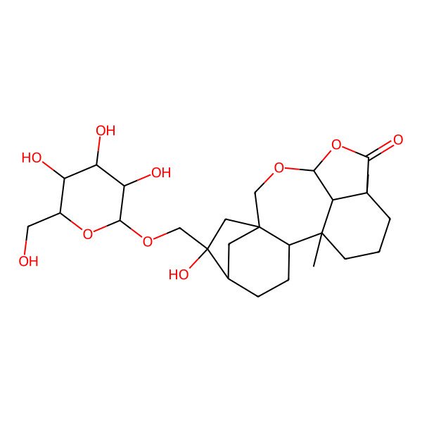 2D Structure of (1S,2S,5R,6R,8R,11S,14R,18S)-6-hydroxy-1,14-dimethyl-6-[[(2R,3R,4S,5S,6R)-3,4,5-trihydroxy-6-(hydroxymethyl)oxan-2-yl]oxymethyl]-10,12-dioxapentacyclo[9.6.1.15,8.02,8.014,18]nonadecan-13-one
