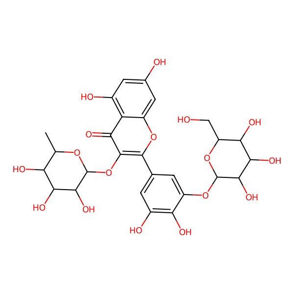 2D Structure of 2-[3,4-dihydroxy-5-[(2S,3R,4S,5S,6R)-3,4,5-trihydroxy-6-(hydroxymethyl)oxan-2-yl]oxyphenyl]-5,7-dihydroxy-3-[(2S,3S,4R,5R,6S)-3,4,5-trihydroxy-6-methyloxan-2-yl]oxychromen-4-one