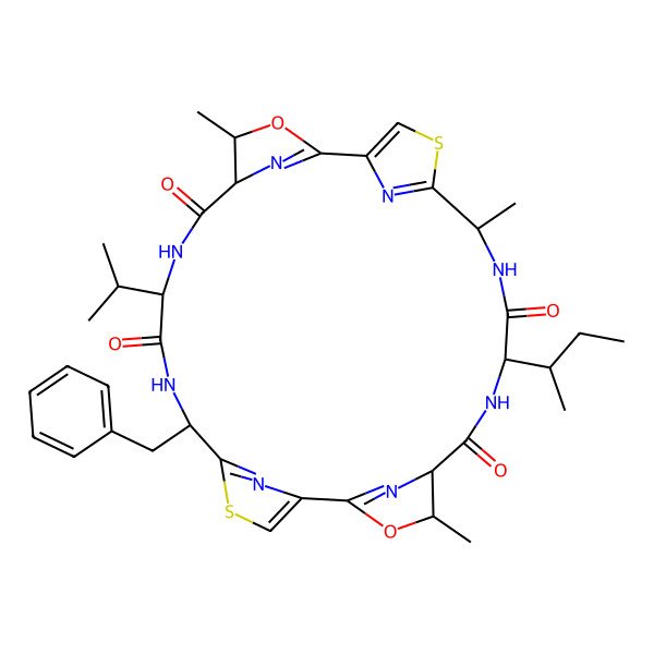 2D Structure of 25-Benzyl-8-butan-2-yl-4,11,18-trimethyl-22-propan-2-yl-3,17-dioxa-13,27-dithia-7,10,21,24,29,30,31,32-octazapentacyclo[24.2.1.12,5.112,15.116,19]dotriaconta-1(28),2(32),12(31),14,16(30),26(29)-hexaene-6,9,20,23-tetrone