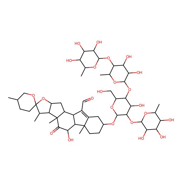2D Structure of (1S,2S,4S,5'R,6R,7S,8R,9S,11S,12S,13R,16S)-16-[(2R,3R,4S,5S,6R)-5-[(2S,3R,4S,5R,6S)-3,4-dihydroxy-6-methyl-5-[(2S,3R,4R,5R,6S)-3,4,5-trihydroxy-6-methyloxan-2-yl]oxyoxan-2-yl]oxy-4-hydroxy-6-(hydroxymethyl)-3-[(2S,3R,4R,5R,6S)-3,4,5-trihydroxy-6-methyloxan-2-yl]oxyoxan-2-yl]oxy-11-hydroxy-5',7,9,13-tetramethyl-10-oxospiro[5-oxapentacyclo[10.7.0.02,9.04,8.013,18]nonadec-18-ene-6,2'-oxane]-19-carbaldehyde