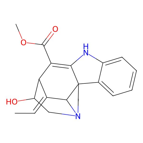 2D Structure of methyl (1S,11S,12R,17R,18E)-18-ethylidene-12-hydroxy-8,14-diazapentacyclo[9.5.2.01,9.02,7.014,17]octadeca-2,4,6,9-tetraene-10-carboxylate