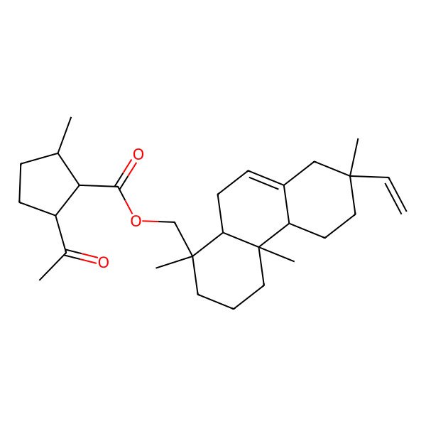2D Structure of (7-ethenyl-1,4a,7-trimethyl-3,4,4b,5,6,8,10,10a-octahydro-2H-phenanthren-1-yl)methyl 2-acetyl-5-methylcyclopentane-1-carboxylate 2D Structure of (7-ethenyl-1,4a,7-trimethyl-3,4,4b,5,6,8,10,10a-octahydro-2H-phenanthren-1-yl)methyl 2-acetyl-5-methylcyclopentane-1-carboxylate