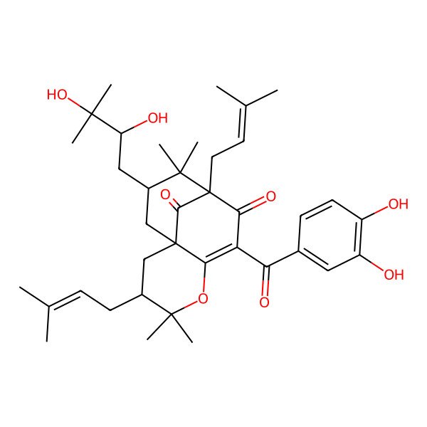 2D Structure of (1S,3S,9R,11S)-7-(3,4-dihydroxybenzoyl)-11-[(2R)-2,3-dihydroxy-3-methylbutyl]-4,4,10,10-tetramethyl-3,9-bis(3-methylbut-2-enyl)-5-oxatricyclo[7.3.1.01,6]tridec-6-ene-8,13-dione