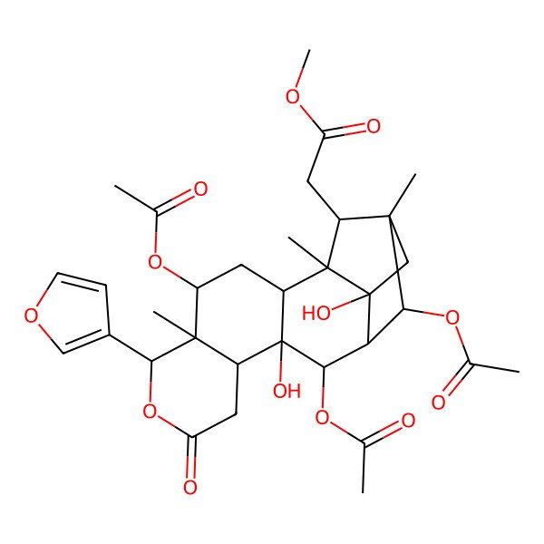 2D Structure of methyl 2-[(1S,2R,4S,5S,6S,10R,11S,12R,13S,14R,15R,17S,18S)-4,12,14-triacetyloxy-6-(furan-3-yl)-11,17-dihydroxy-1,5,15-trimethyl-8-oxo-7-oxapentacyclo[13.2.1.02,11.05,10.013,17]octadecan-18-yl]acetate