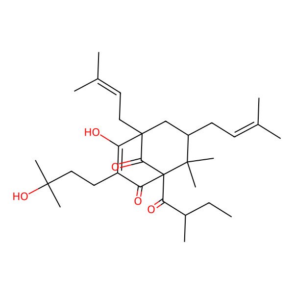 2D Structure of (1S,5S,7R)-4-hydroxy-3-(3-hydroxy-3-methylbutyl)-8,8-dimethyl-1-[(2R)-2-methylbutanoyl]-5,7-bis(3-methylbut-2-enyl)bicyclo[3.3.1]non-3-ene-2,9-dione