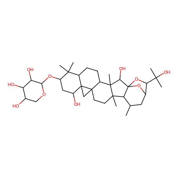 2D Structure of (2S,3R,4S,5S)-2-[[(1S,2S,3S,4S,7S,9S,11S,12S,14S,17R,18R,19R,21R,22S)-2,11-dihydroxy-22-(2-hydroxypropan-2-yl)-3,8,8,17,19-pentamethyl-23,24-dioxaheptacyclo[19.2.1.01,18.03,17.04,14.07,12.012,14]tetracosan-9-yl]oxy]oxane-3,4,5-triol