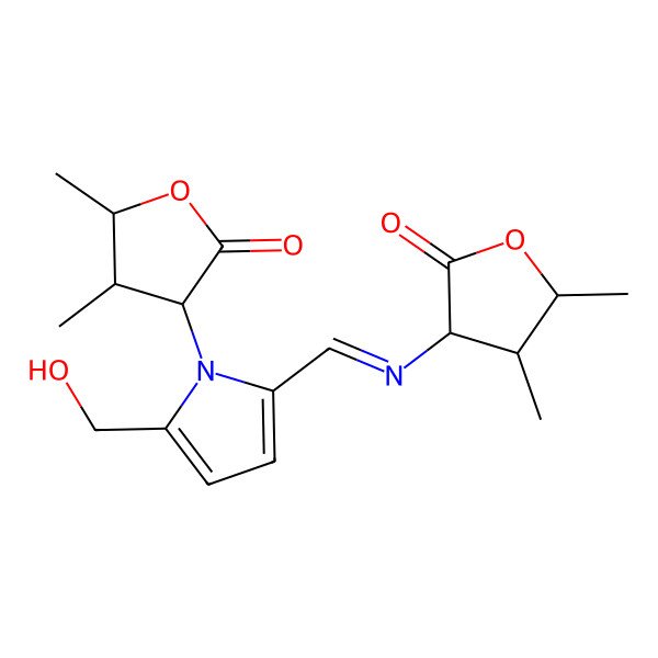 2D Structure of 3-[[1-(4,5-Dimethyl-2-oxooxolan-3-yl)-5-(hydroxymethyl)pyrrol-2-yl]methylideneamino]-4,5-dimethyloxolan-2-one